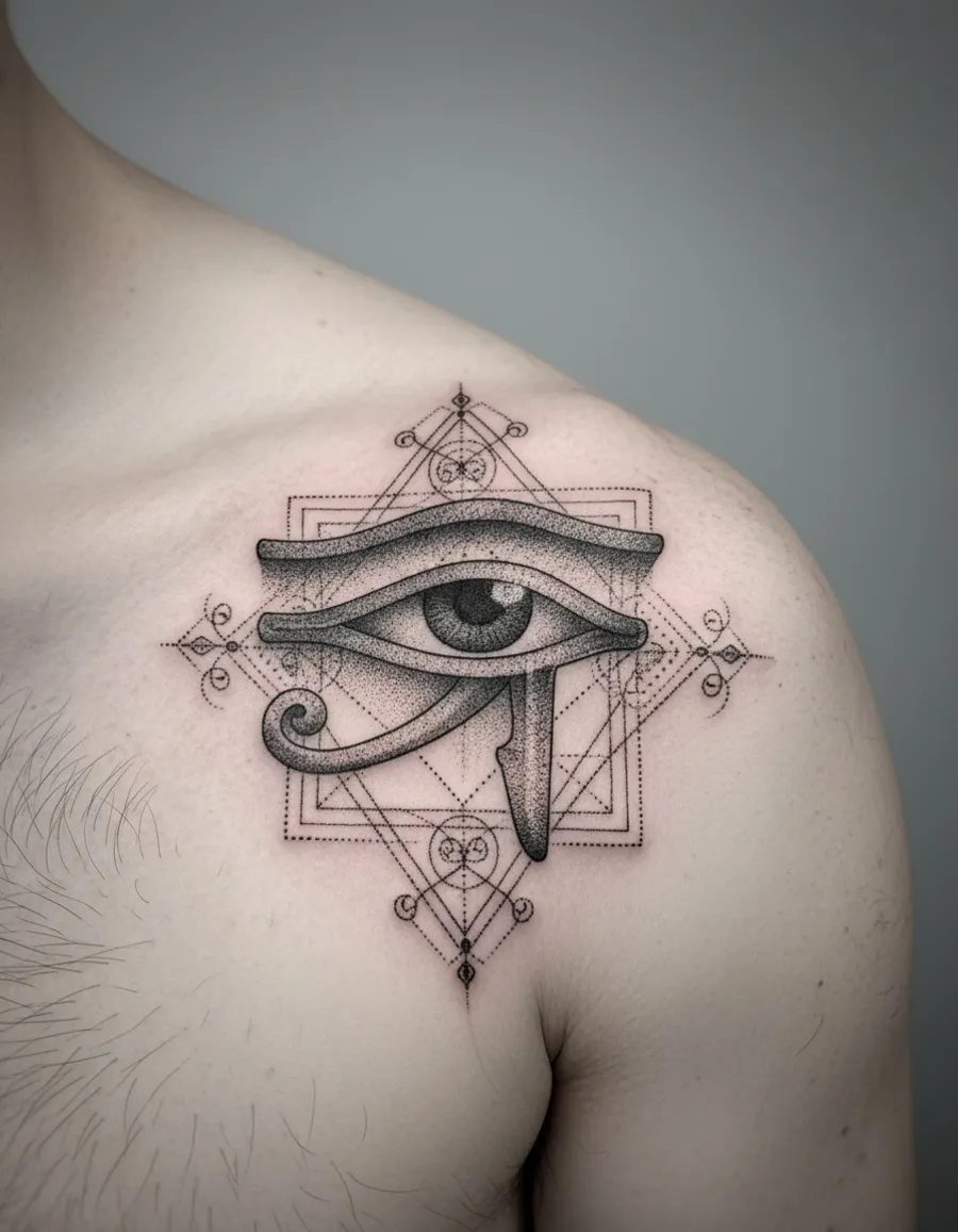 Tatuaż Oko Horusa w stylu dotwork na barku